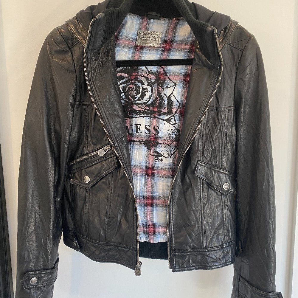 Guess Women's Leather Jacket Hooded Size M